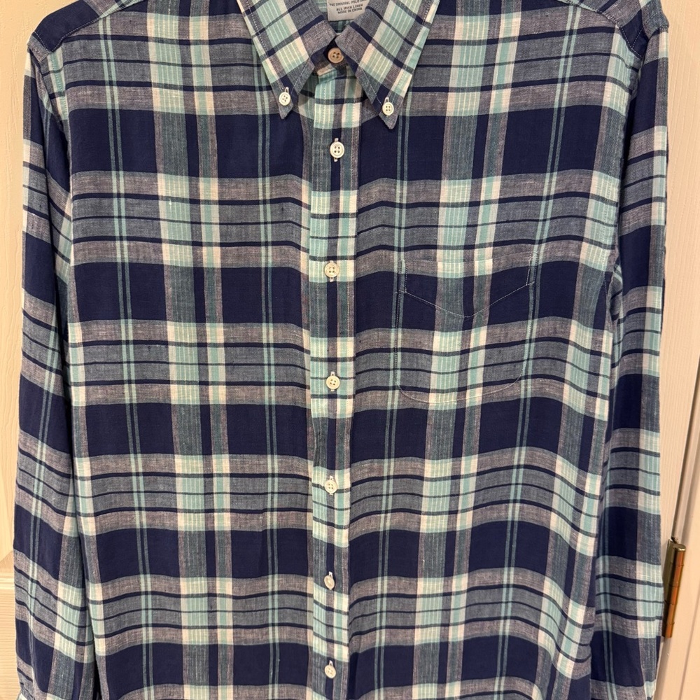 Men’s size large Brooks Brothers Regent blue plaid 100% linen button down shirt